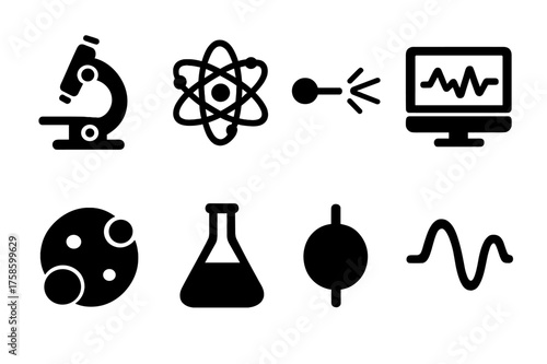 Quantum Research Icons. Quantum Research. Filled icon set of Quantum Research: microscope, atom, laser,