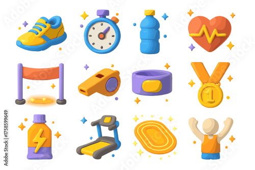 3D Fitness Icons. Running and fitness. 3D icons set of running and fitness: running shoes, stopwatch, water bottle, heart rate monitor, finish line, whistle,
