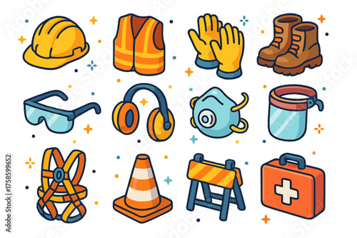 Construction Safety Icons. Colorful isometric vector icons set of construction safety equipment: hard hat, safety vest, gloves, steel-toe boots, safety
