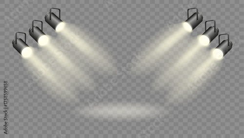 Spotlights set, stage and studio light, realistic hanging lamps. Spot lights and searchlights for concert. Vector
