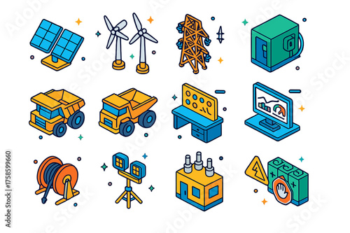 Mining Electrification Icons. Colorful isometric vector icons set of mining site electrification: solar panels, wind turbines, electric grid tower, charging