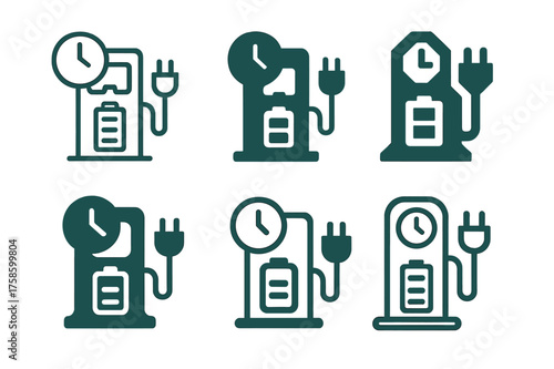 EV Logo Variations. Driving schedule planner. Set Logo of Driving schedule planner: EV charging station with timed plug and battery indicator. harmonious logo