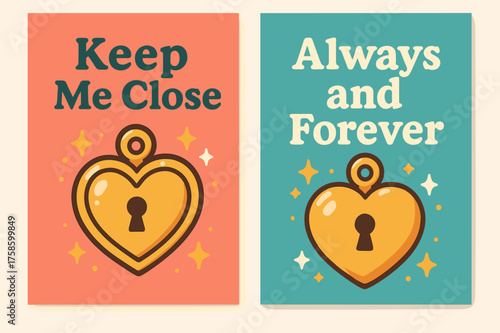 Kawaii Heart Banners. Keepsake. Two vertical A6 banners, kawaii, coral and teal backgrounds, cute heart locket with tiny stars and sparkles, first banner with