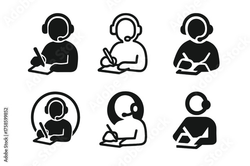 Webinar Logo Variations. Webinars and workshops. Set Logo of Webinars and workshops: Headset-wearing attendee taking notes. harmonious logo variations of the