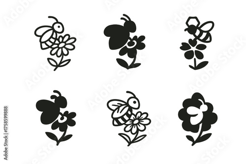 Bee Logo Variations. Pollinators. Set Logo of Nature: bee on flower. harmonious logo variations of the same emblematic concept, each with different artistic