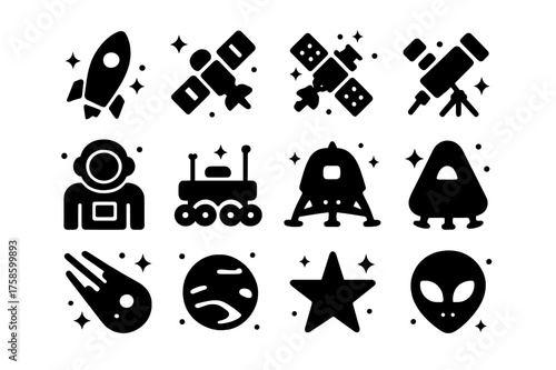 Space Exploration Icons. Space Exploration. Solid icons set of Space Exploration: Rocket, Satellite, Space Station, Telescope, Astronaut, Rover, Moon Lander,