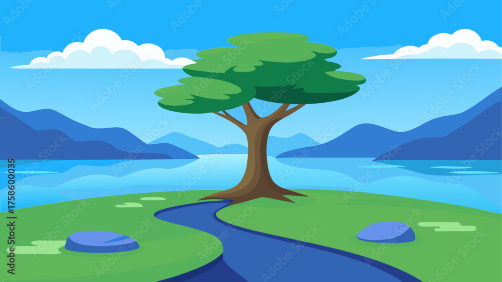 Fototapeta premium Serene landscape with a lone tree and winding river