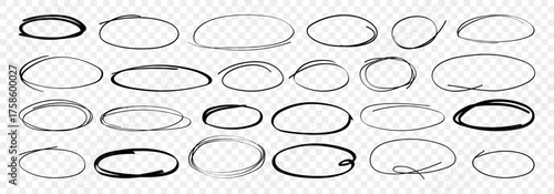 Handdrawn grunge circle highlight set. Charcoal and marker round scribble frames for notes, emphasis, and design accents. Freehand doodle vector elements for modern creative projects.