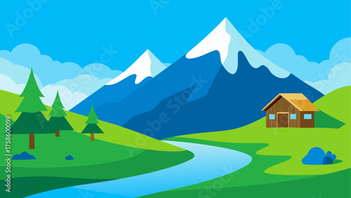 Serene mountain landscape with a cozy cabin and winding river