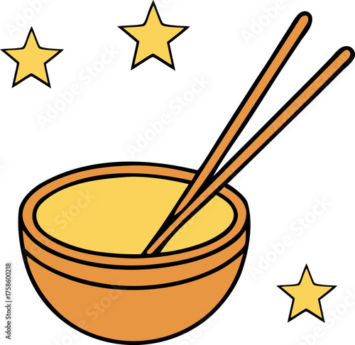 Simple illustration of a bowl of food with chopsticks and stars