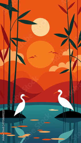 Tranquil sunset scene with two white herons and bamboo silhouettes