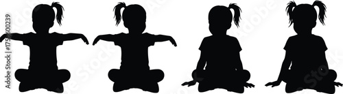 Child silhouette sequence showing seated cross‑legged ponytail posture variations, arm-raise to resting positions, yoga-like movement, calm mindful play routine vector illustration