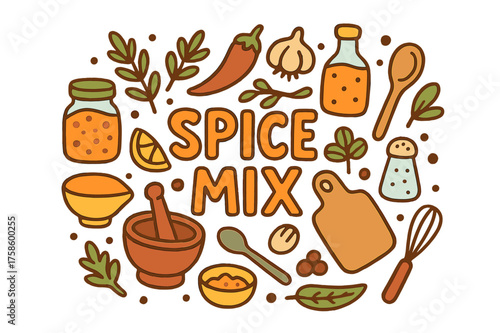 Colorful Spice Mix Doodle. Spice Mix. Hand-drawn doodle illustration of Spice Mix. jar, herbs, chili, garlic,