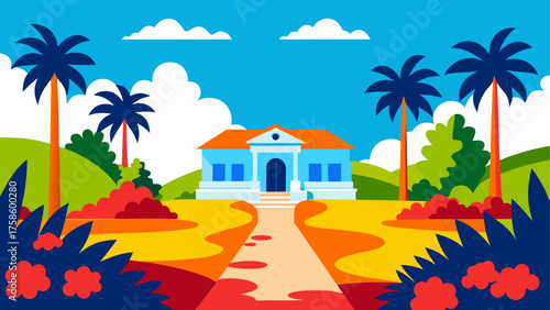 Vibrant tropical landscape with a blue house and palm trees