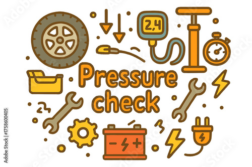 Car Tire Pressure Check. Pressure check. Hand-drawn doodle illustration of Pressure check. Car tire, digital