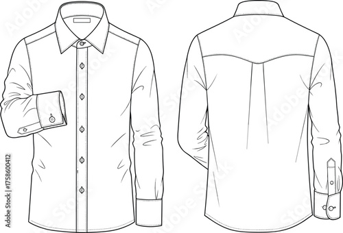 Men’s dress shirt flat sketch, long sleeve button down, pointed collar, box pleat back, fashion technical drawing, apparel design template, vector illustration