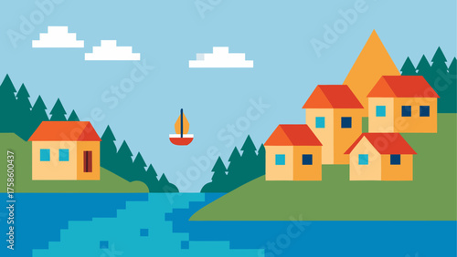 Charming lakeside village with a sailboat under a blue sky