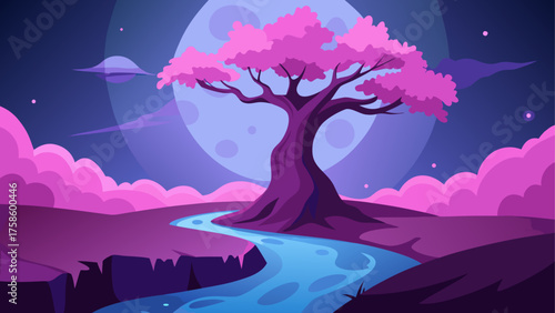 Surreal alien landscape with pink tree and blue river under a giant moon