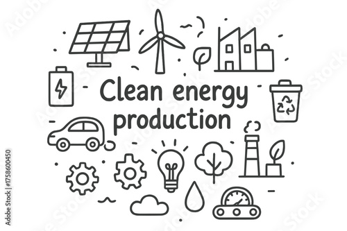 Clean Energy Doodle. Clean energy production. Hand-drawn doodle illustration of Clean energy production. Solar