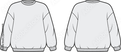 Sweatshirt template, crew neck sweatshirt, front and back view, fashion flat sketch, technical garment drawing, blank apparel mockup, clothing design illustration