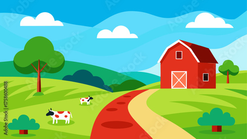 Vibrant cartoon farm landscape with red barn and cows