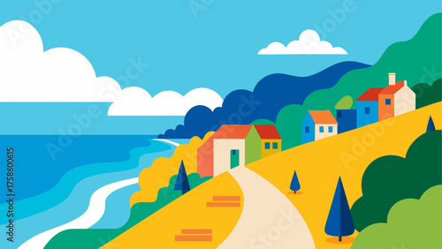 Vibrant coastal village scene with rolling hills and blue ocean