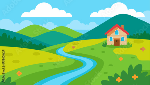 Charming cartoon house nestled in a lush green valley with a winding river