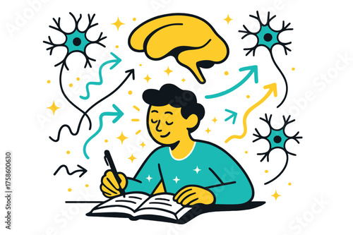 Hippocampal Study Glow. Hippocampal learning. A glowing character studying while a stylized hippocampus glows