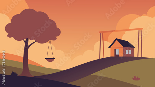 Serene rural landscape with a house and tree swing at sunset