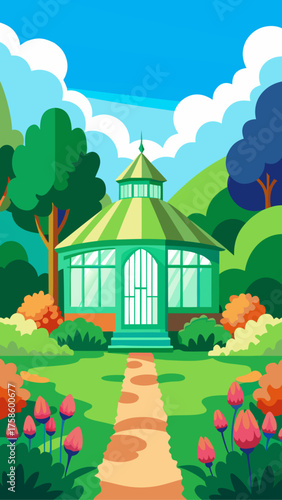 Vibrant green gazebo in a lush garden with colorful flowers and rolling hills