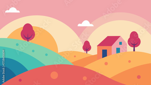 Vibrant abstract landscape with rolling hills and a cozy house