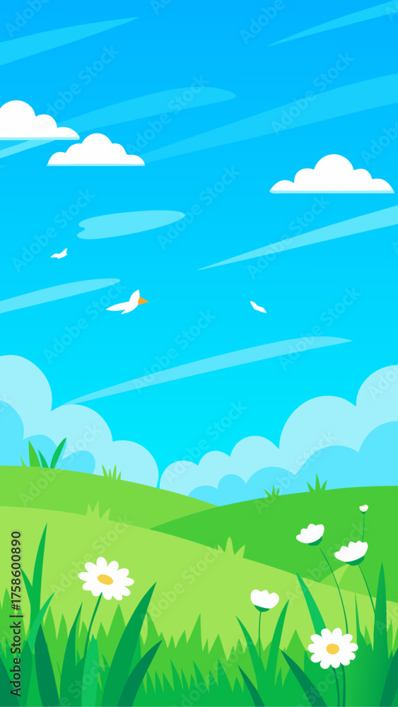 Obraz premium Bright sunny day with rolling green hills and white daisy flowers