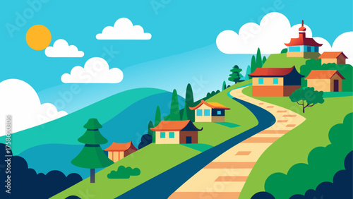 Vibrant illustration of a scenic mountain village with traditional houses and a winding path