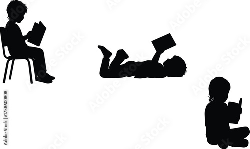 Children reading silhouettes in relaxed poses, kids on chair, lying on stomach, cross-legged on floor, cozy reading scene, vector illustration for education