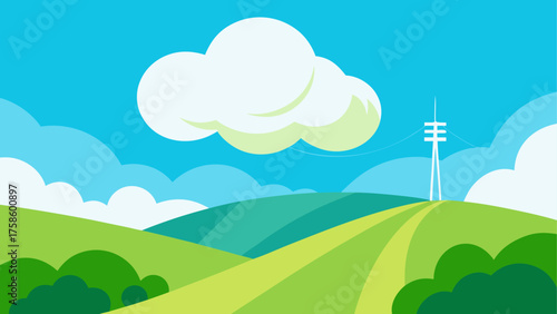 Stylized landscape with rolling hills clouds and a communication tower