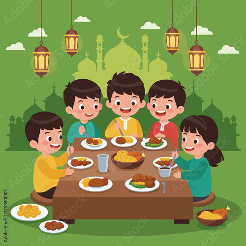 Cartoon children enjoy iftar meal together during ramadan, with mosque and lanterns design on green.