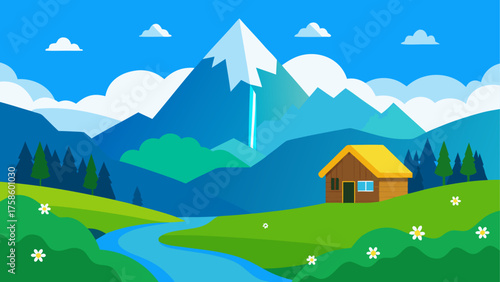 Serene mountain landscape with a cozy cabin and flowing river