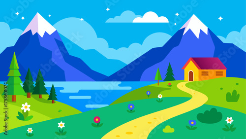 Vibrant flat design landscape with mountains lake and a cozy house