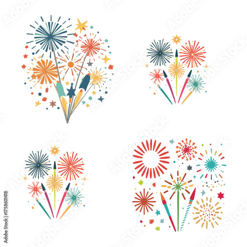 Vector illustration of vibrant fireworks in a flat design style, featuring bold lines, geometric shapes, and a limited color palette