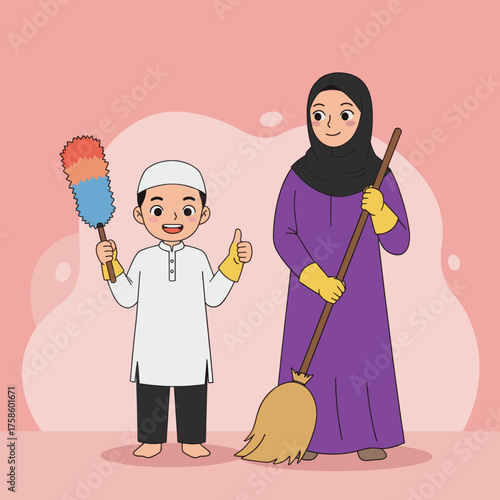 Muslim woman in hijab and boy cleaning together. Woman with broom, boy with duster. Vector art.