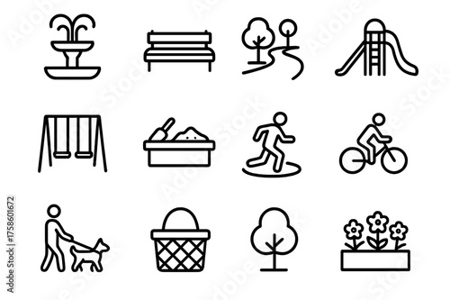City Parks Icons. City parks. Line outline icon set of City parks: fountain, park bench, walking path,