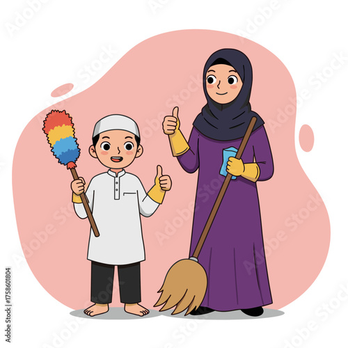 Muslim woman and boy doing housework with broom and duster giving thumbs up. Home chores concept.