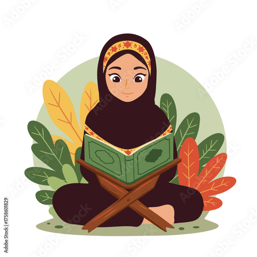 Muslim woman in hijab reading holy book quran on wooden stand, surrounded by foliage. Ramadan concept.