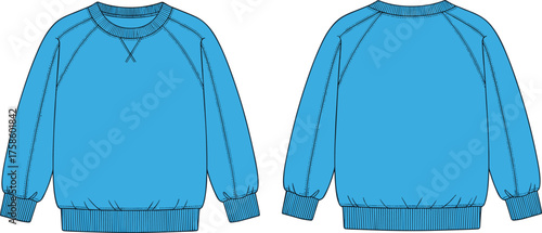 Sweatshirt flat sketch, raglan sleeve crewneck, fashion technical drawing, ribbed cuffs hem neckline, stitched X detail, apparel design template, clothing vector illustration