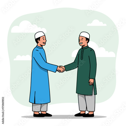 Two muslim men in traditional clothing shake hands in agreement, symbolizing unity and cooperation.