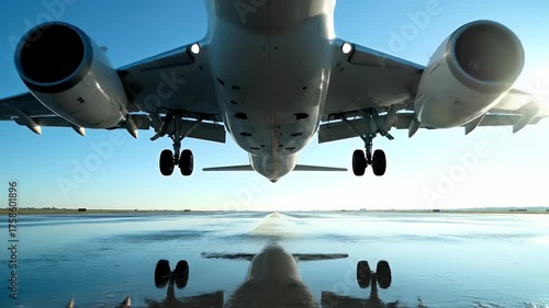 Powerful airplane taking off on wet runway ready for dynamic travel adventure and exciting journey to new destinations worldwide