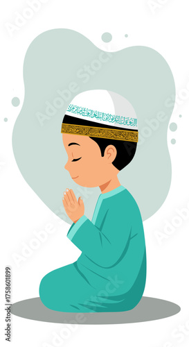 Young muslim boy kneeling in prayer with traditional kufi cap. Religious observance concept.