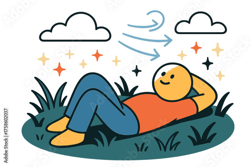 Summer Breeze Relaxation. Summer relaxation. A glowing character lying on grassy field, gazing at drifting
