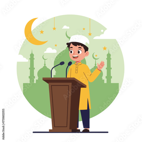 Young muslim boy giving speech on islamic event with mosque, moon and stars decoration. Vector illustration.