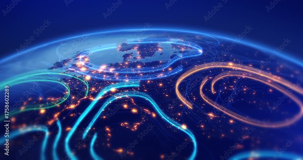 Network communication lines connecting cities around the planet Earth. Technology related 3d animation.